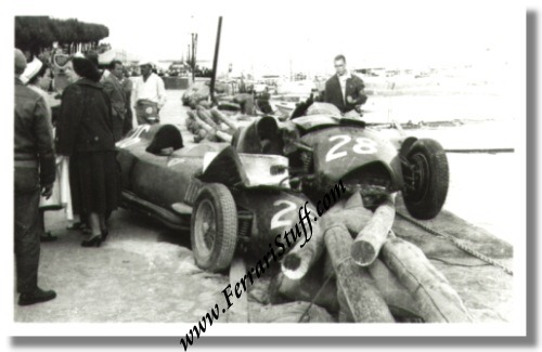 2 1957 photos of Peter Collins Mike Hawthorn Ferrari Lancia crashed at the